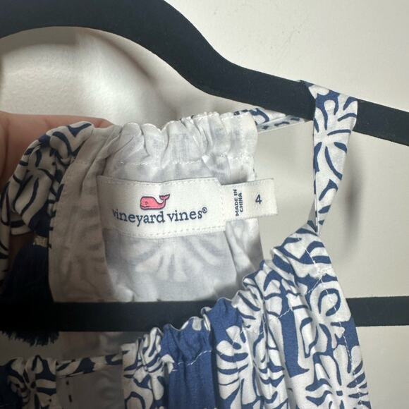 Vineyard Vines Women's Blue Mirrored Leaves Trapeze Tassel Halter Dress Size 4 - Picture 2 of 10